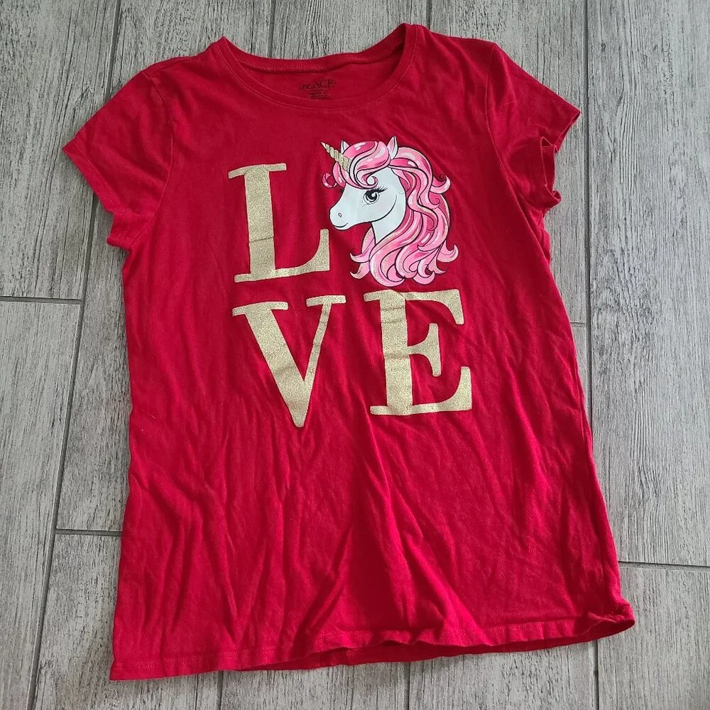 🏷 3/$15 or 5/$20 The Children's Place girls red unicorn top size XXL 16